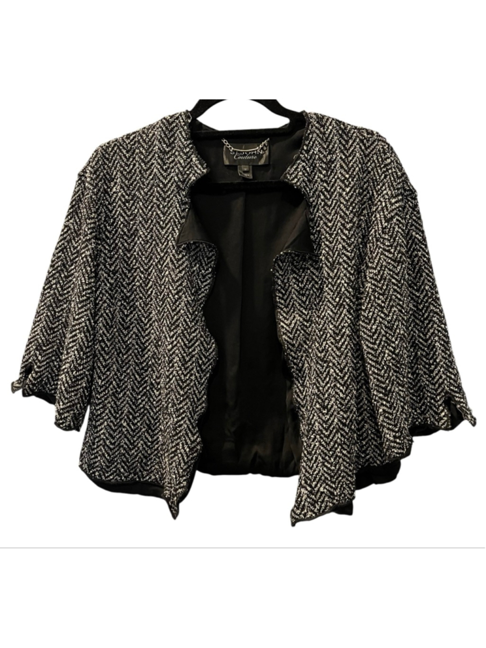 St John Couture Herringbone Open Front Cropped Swing Jacket Knit Black White 12